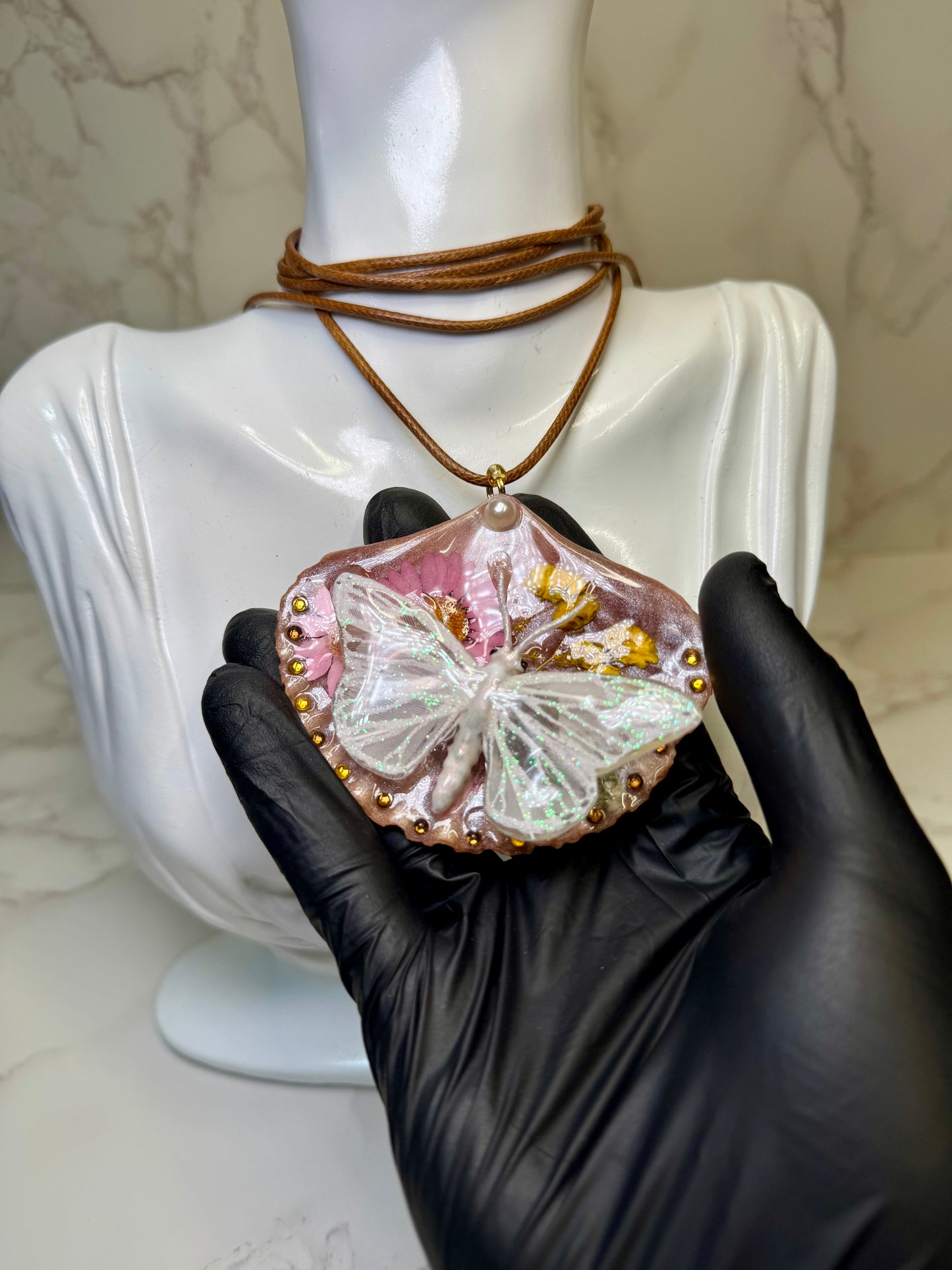 Ala Marina Natural Seashell Synthetic Butterfly Necklace | Handmade Coastal Jewelry | UV Resin Ocean Art