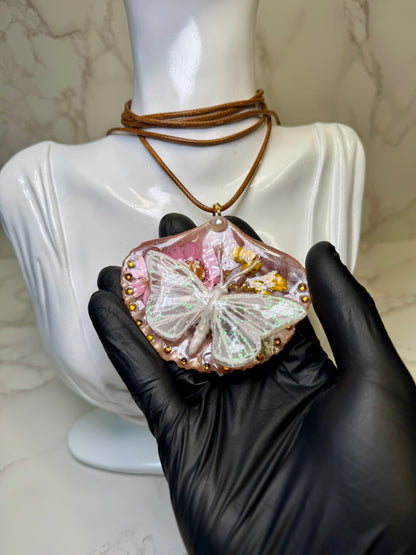 Ala Marina Natural Seashell Synthetic Butterfly Necklace | Handmade Coastal Jewelry | UV Resin Ocean Art