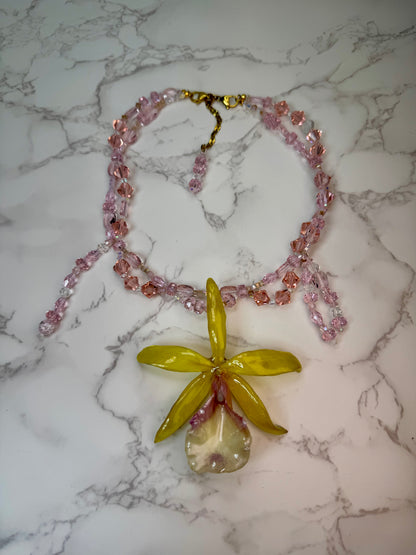 Lili Handmade Real Yellow Orchid Necklace | Black Crystal Bead Jewelry | Resin Flower Pendant | Made in USA