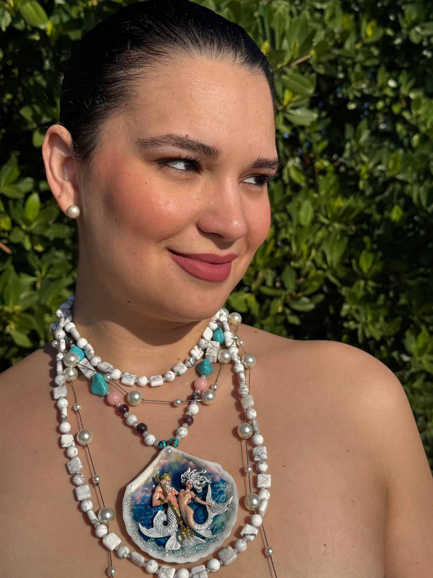 Maris & Thalios LIMITED EDITION – NYFW EXHIBITION PIECE Handmade Seashell Necklace with White-Haired Mermaid and Triton, Blue Crystal Accents and White & Blue Crystal Pearl Necklace