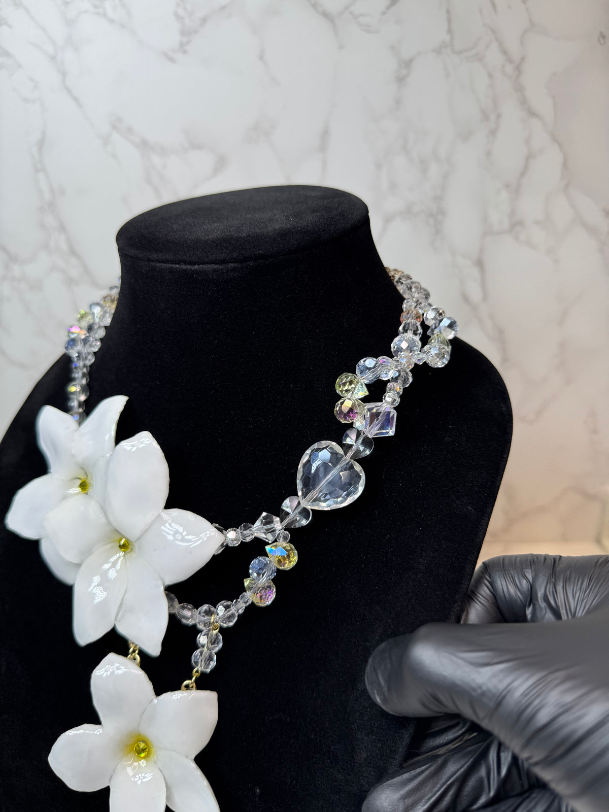 Snow Dream White Clear Flower Crystal Necklace | Handmade Floral Jewelry