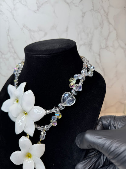 Snow Dream White Clear Flower Crystal Necklace | Handmade Floral Jewelry