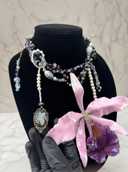 Royal Blush Cattleya Elegance Large Purple Cattleya Orchid Necklace – Iridescent Petals, Freshwater Pearls & Butterfly Accent