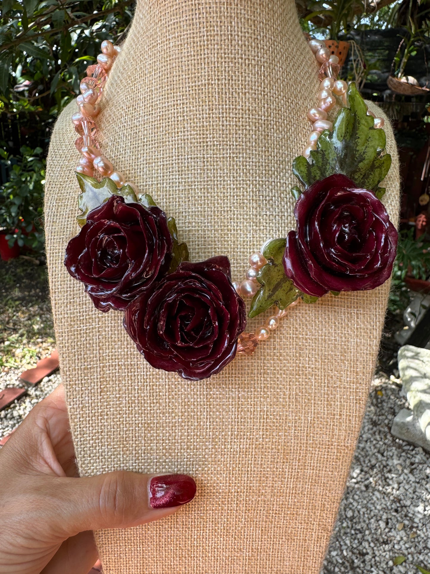 4 Isabella Eternal Rose – Real Red Rose in UV Resin & Freshwater Pearl Necklace | Handmade Floral Jewelry | Made in USA