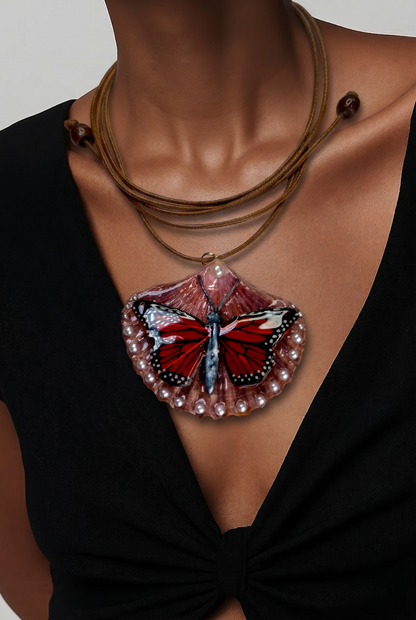 Mar de Alas Natural Seashell Synthetic Butterfly Necklace | Handmade Coastal Jewelry | UV Resin Ocean Art