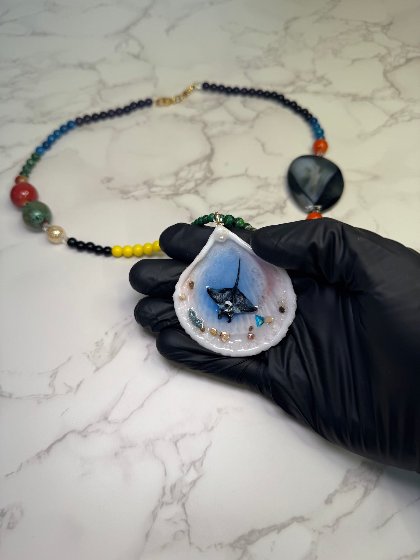 Tiny Manta Ray  Shell Necklace - Encapsulated in Real Shell with UV Resin