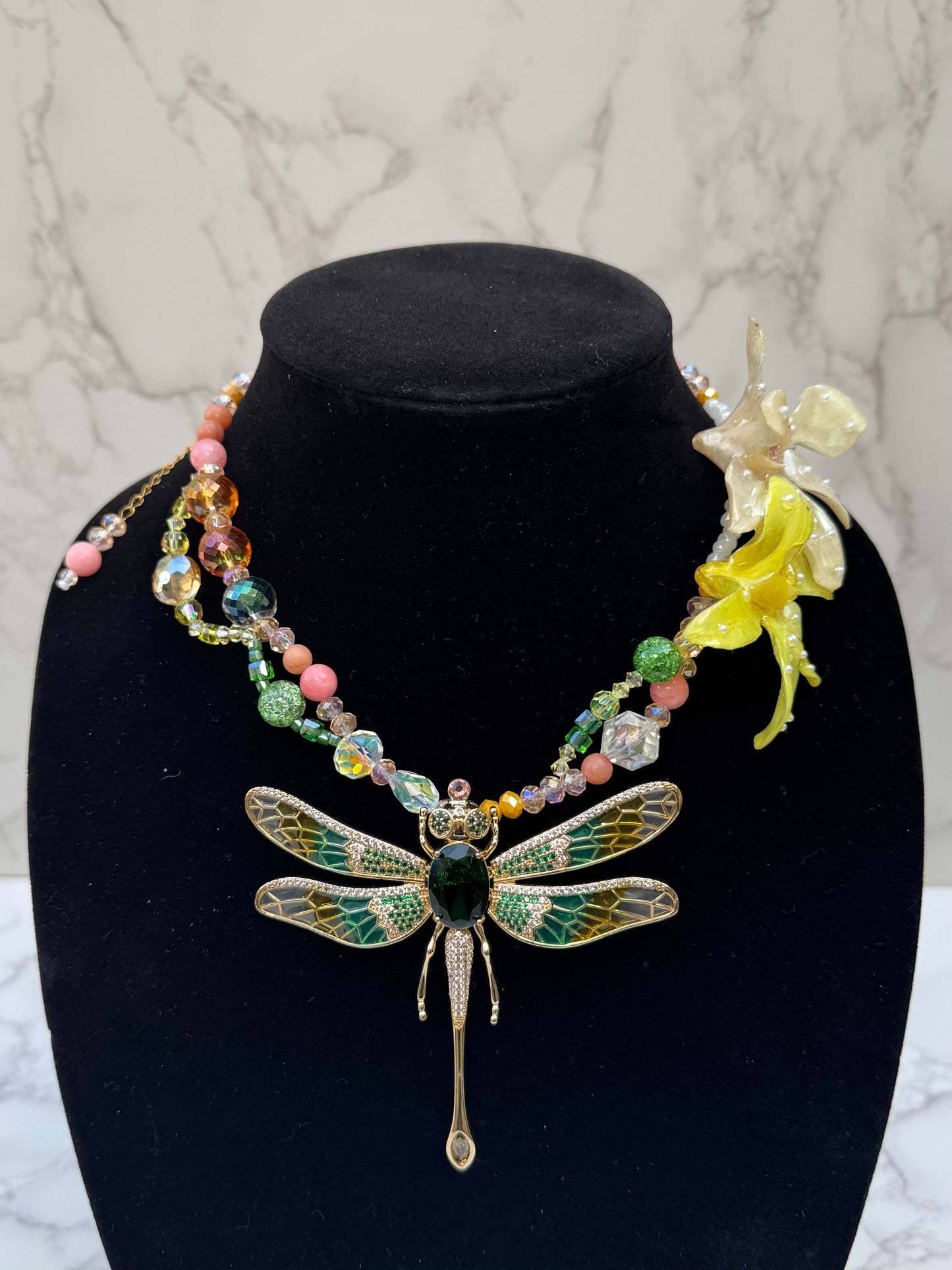 Golden Dragonfly Yellow Orchid with Dragonfly – Green & Clear Crystal Necklace | Handmade Floral Jewelry