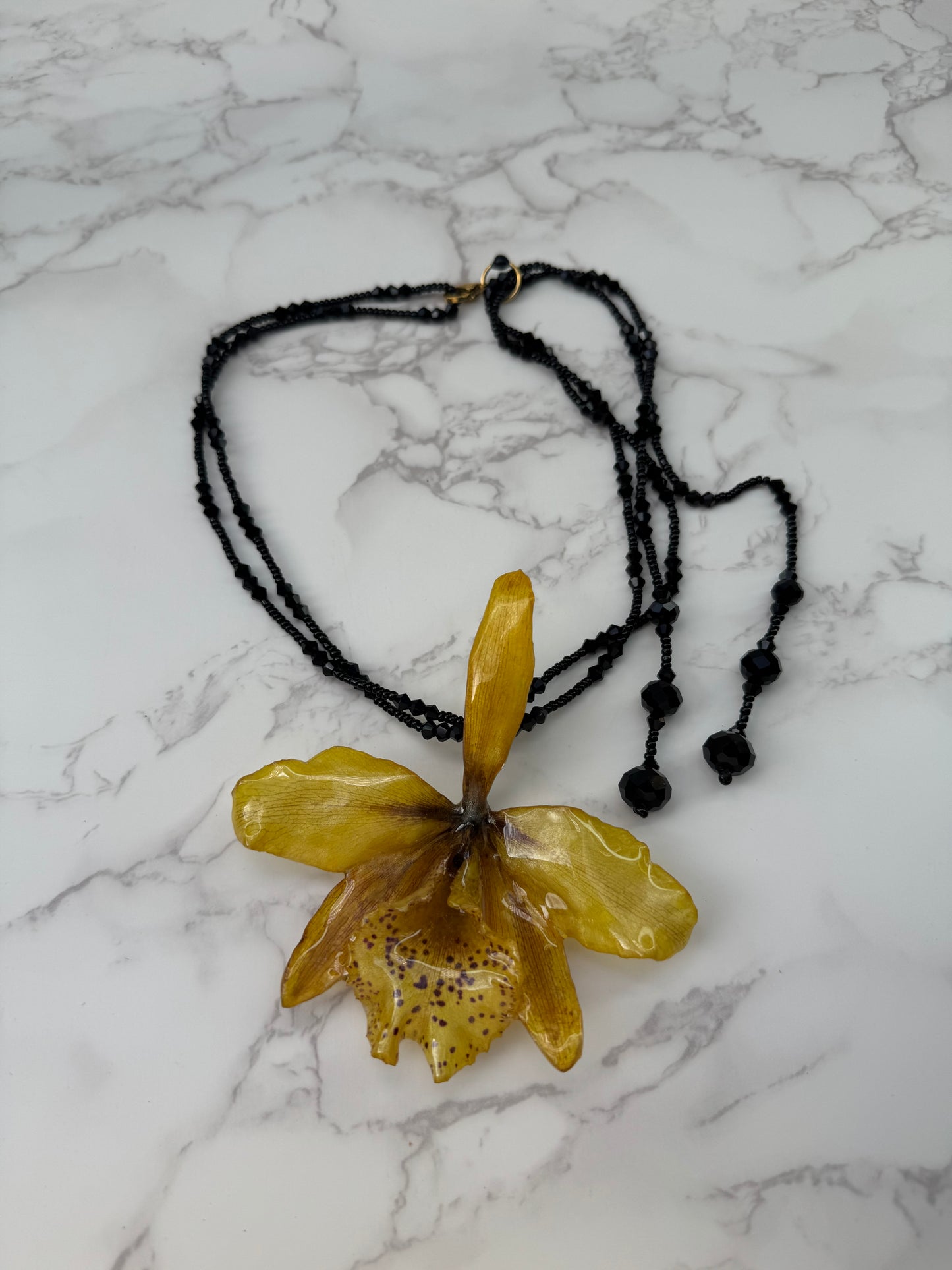 Crimson Spotted Golden Cattleya Mini Yellow Cattleya Orchid Necklace – Long Black Crystal Double Wrap Necklace