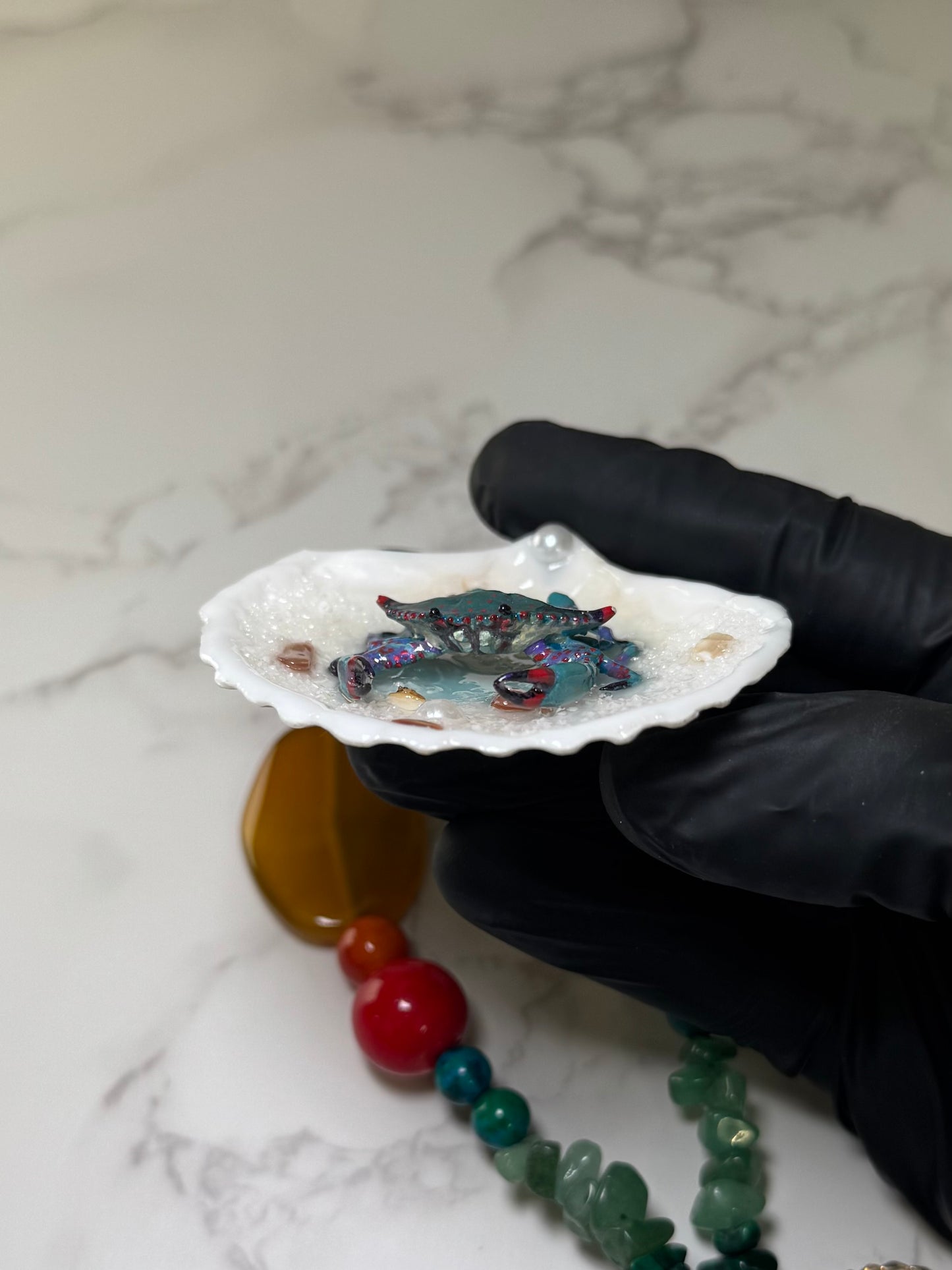 Turquoise Crab with Pink Accents Shell Necklace - Encapsulated in Real Shell with UV Resin