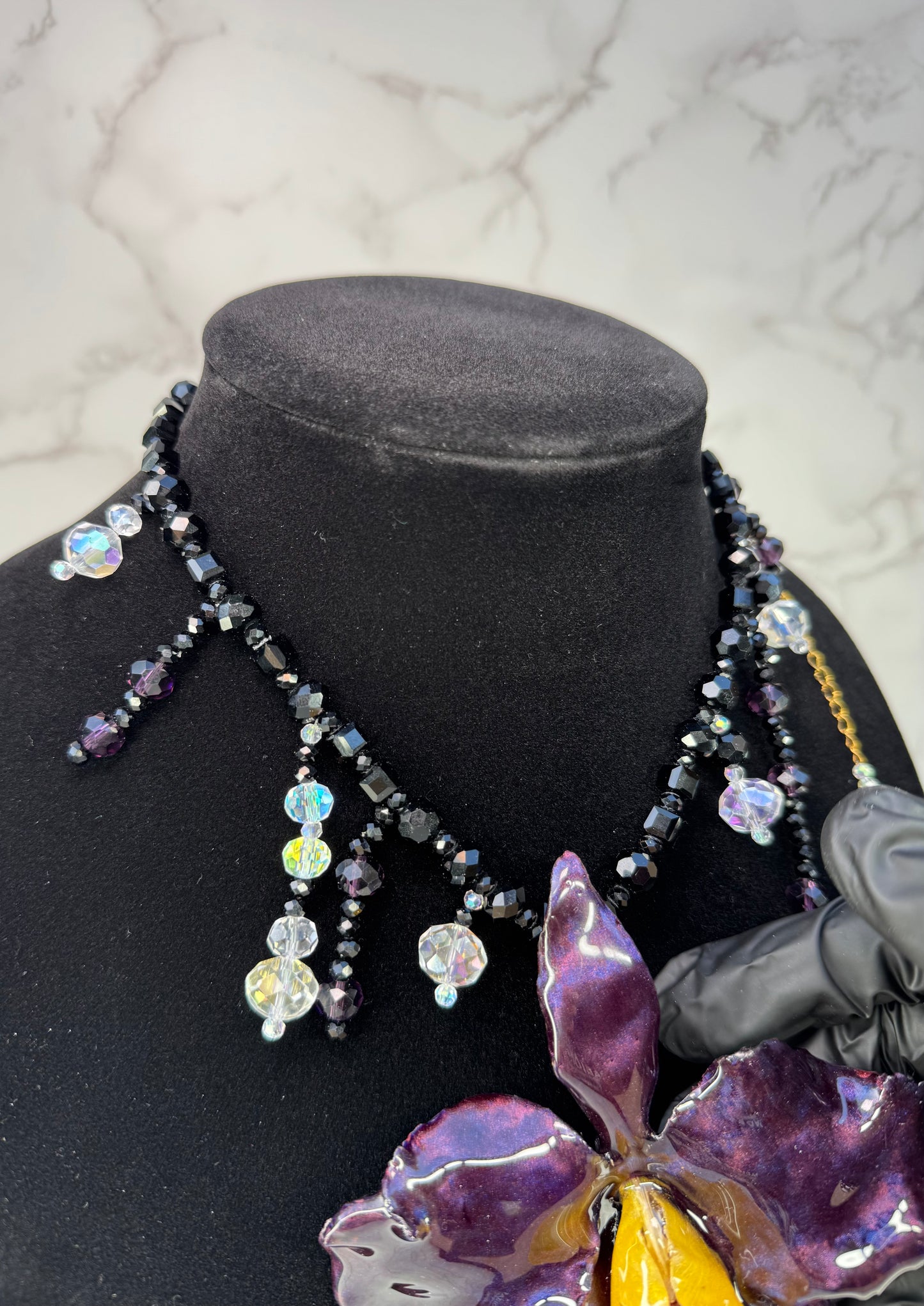 Midnight Cattleya Radiance Golden & Dark Purple Cattleya Orchid Necklace – Black Crystal Beads with Clear Crystal Accents