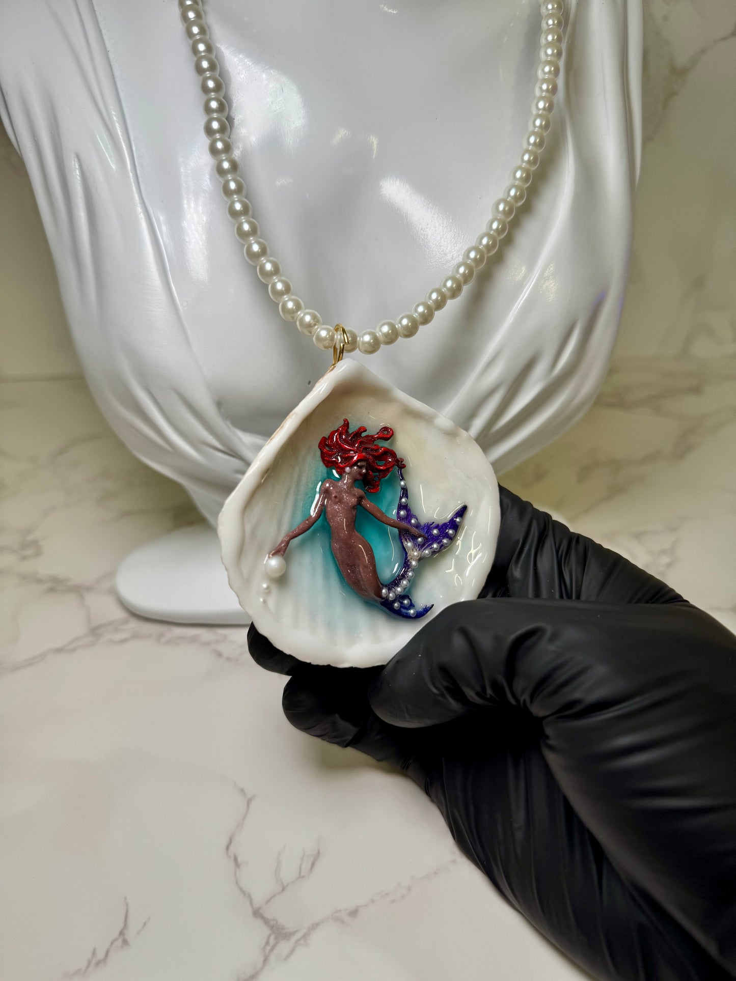 Morena Mermaid Necklace Handmade Brown-Skinned Mermaid Necklace Encapsulated in Real Shell with UV Resin on Pearl Strand