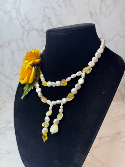 Lucia Eternal Rose – Real Yellow Rose in UV Resin & Nacar Pearl Necklace | Handmade Floral Jewelry | Made in USA