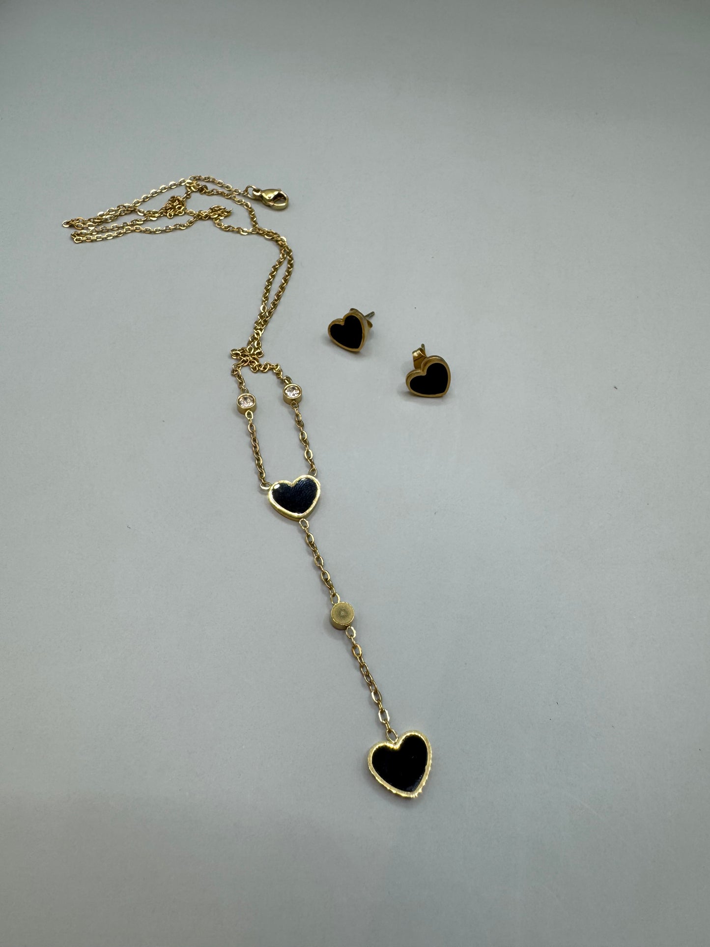 18K Gold Plated Stainless Steel Heart Lariat Necklace & Stud Earrings, Black Jewelry Set