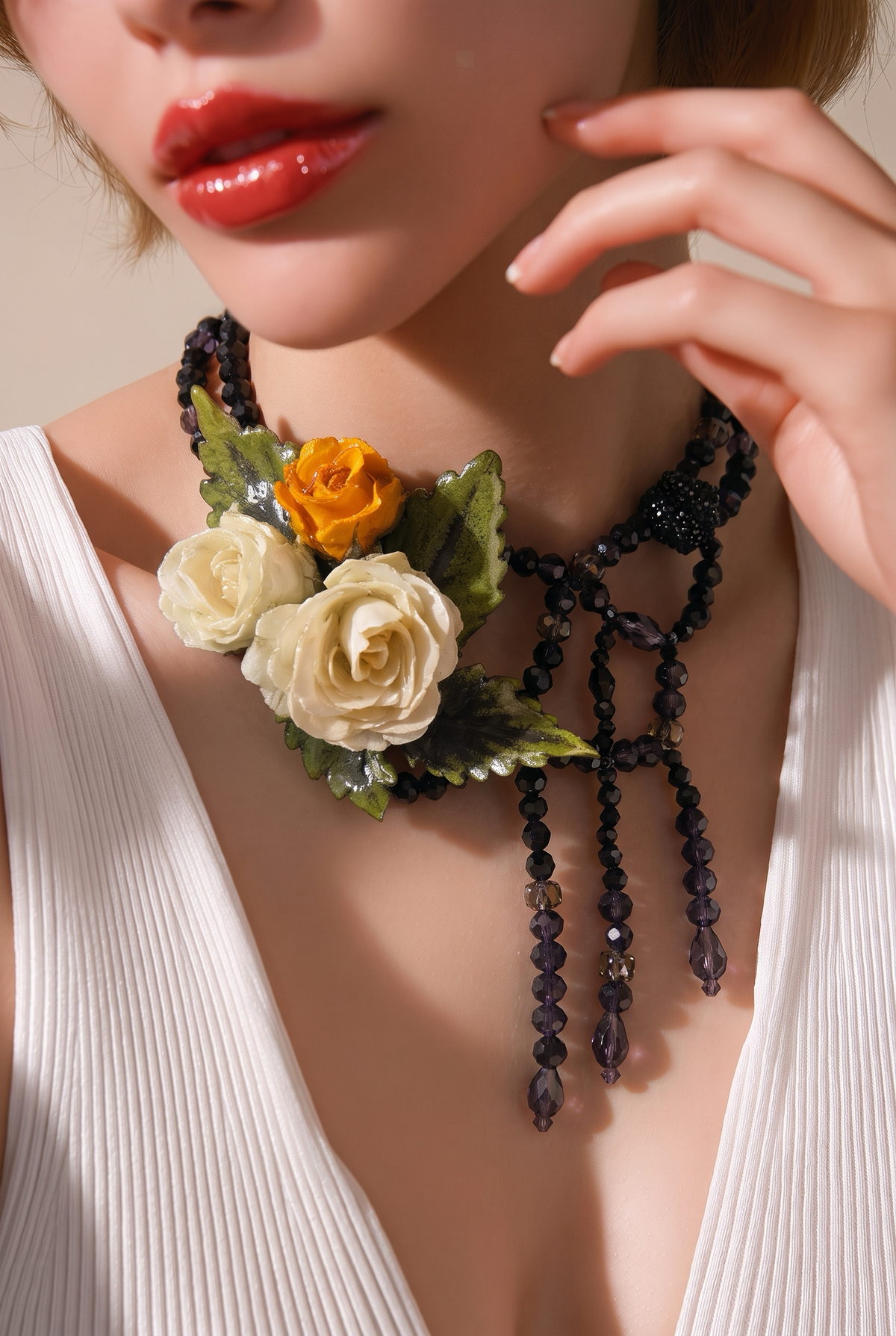 Theresa Eternal Rose – Real Yellow & White Roses in UV Resin & Black crystal Necklace | Handmade Floral Jewelry | Made in USA