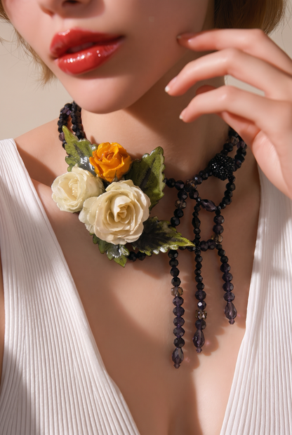 Theresa Eternal Rose – Real Yellow & White Roses in UV Resin & Black crystal Necklace | Handmade Floral Jewelry | Made in USA