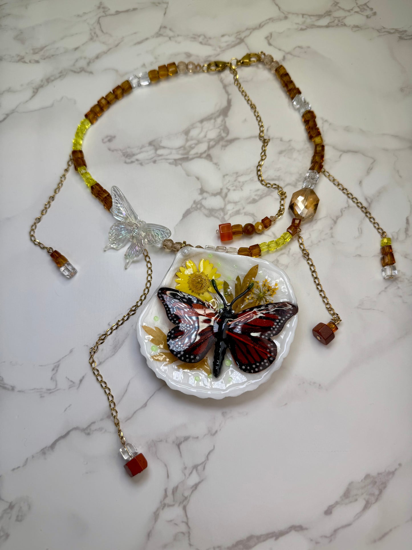 Endless Sky Natural Seashell Butterfly Necklace | Handmade Coastal Jewelry | UV Resin Ocean Art