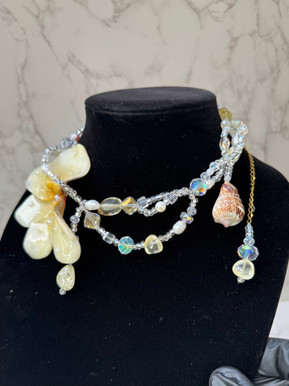 Ocean Pearl Plumeria White & Light Yellow Plumeria Necklace – Clear & Soft Yellow Crystal Beads with Small Seashell