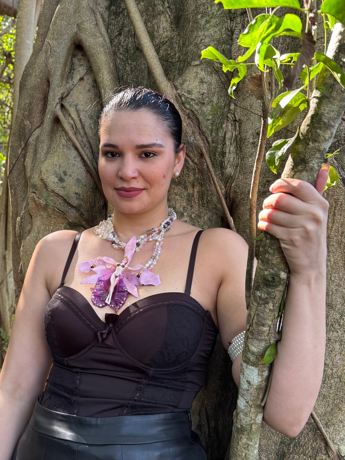 Nyx- LIMITED EDITION – NYFW EXHIBITION PIECE Real Purple and Light Pink Cattleya Orchid Necklace with Hand-Carved Female Figure, with Clear Crystals, Pink Details and Freshwater Pearls