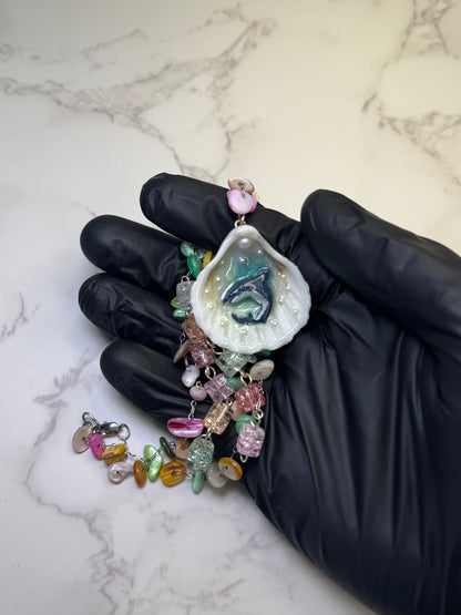 Rainbow Reef Hunter Tiny natural seashell featuring a miniature shark and multicolored glass rock beads (red, green, yellow, blue) encapsulated in clear UV resin stainless steel chain.