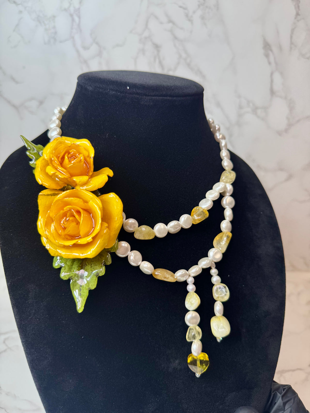 Lucia Eternal Rose – Real Yellow Rose in UV Resin & Nacar Pearl Necklace | Handmade Floral Jewelry | Made in USA