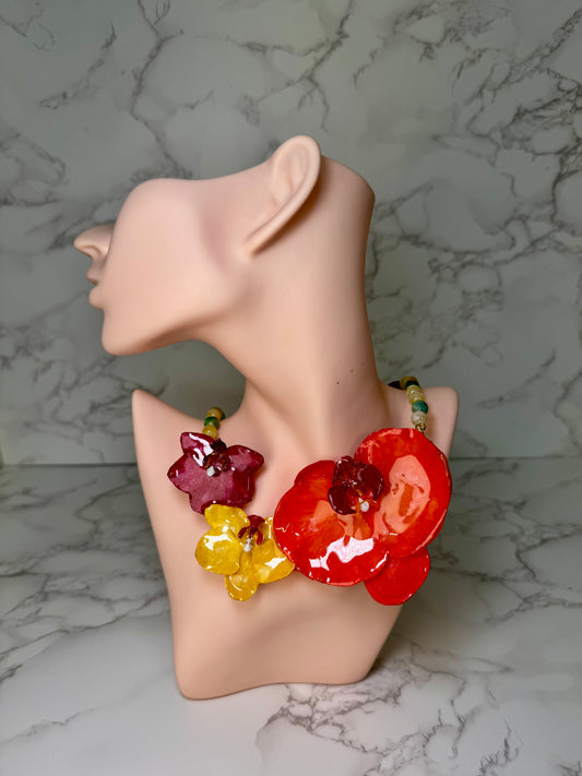 Big Orange Orchid with small red and yellow orchid Necklace - Real Orchid Necklace – Natural Flower Preserved in Resin
