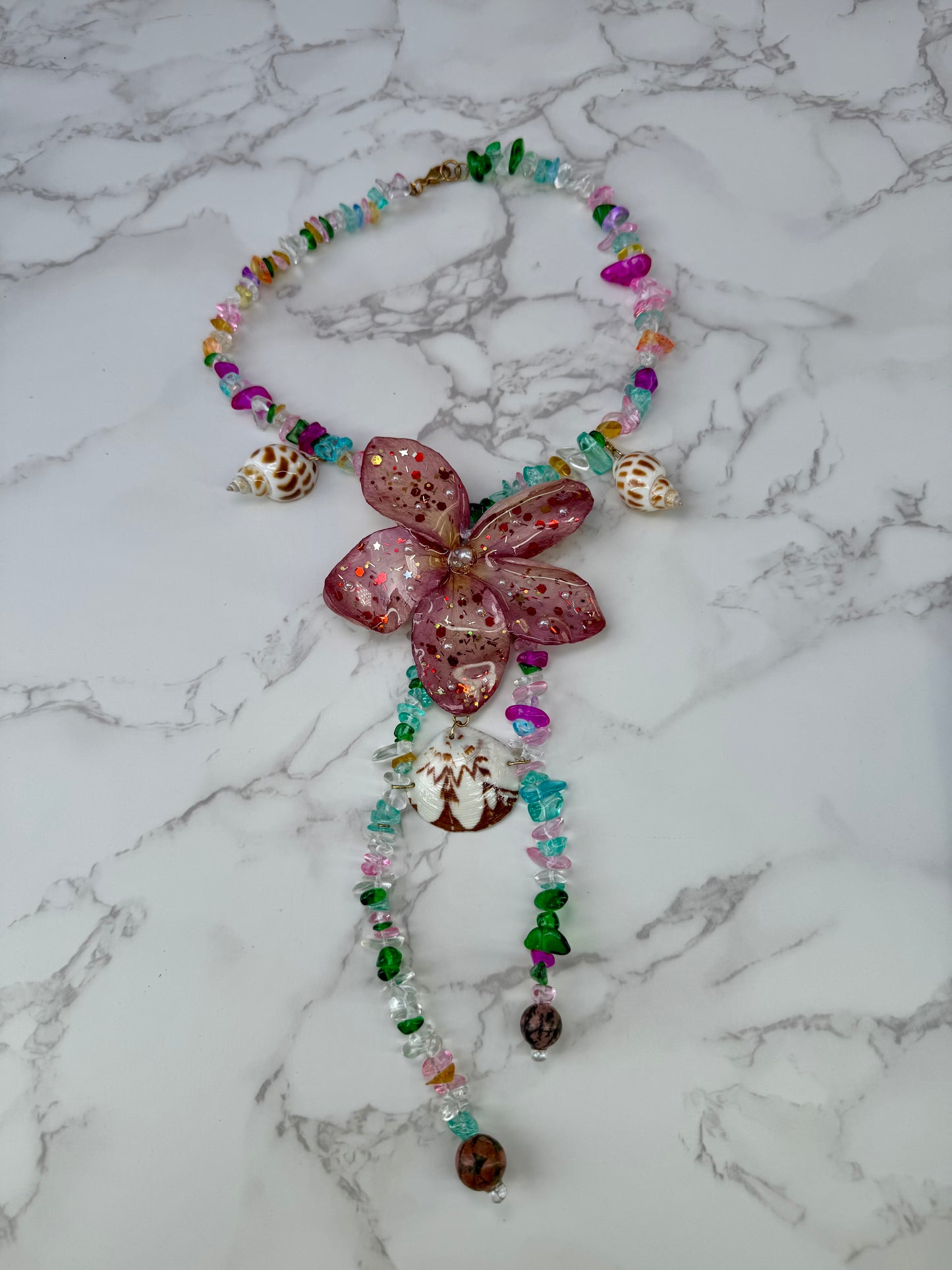 Coral Spark Plumeria Flower Necklace with Seashell Charms – Mini Crystal Beaded Jewelry