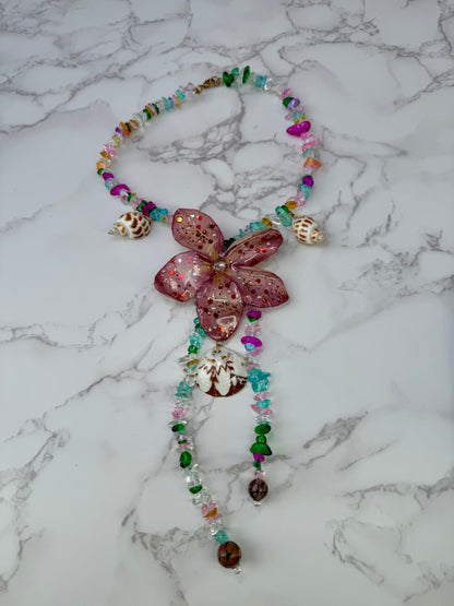 Coral Spark Plumeria Flower Necklace with Seashell Charms – Mini Crystal Beaded Jewelry