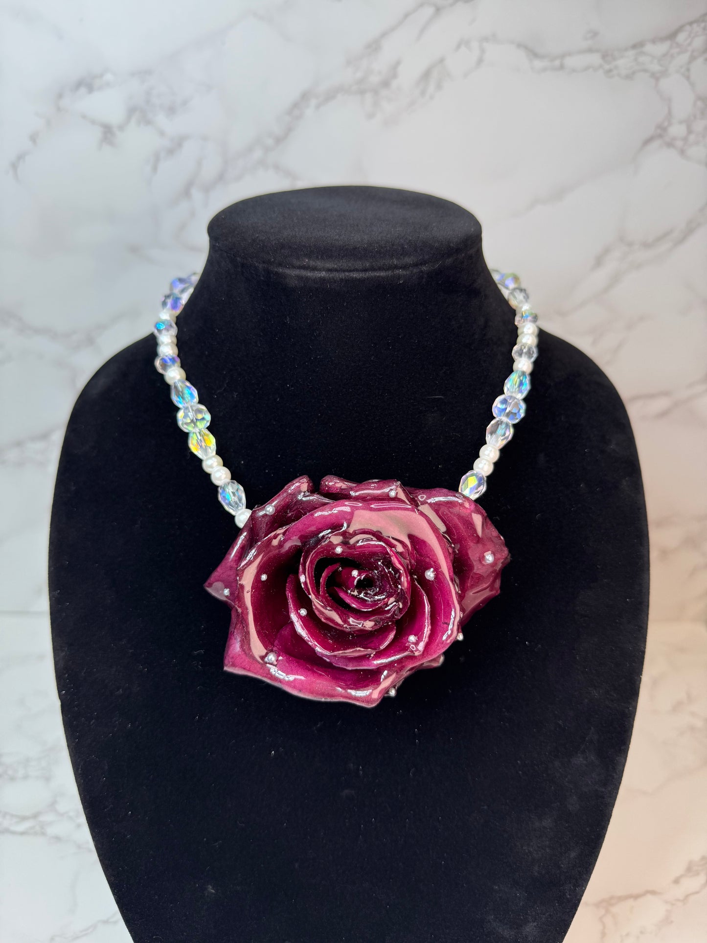 Scarlet Rose Handmade Real Red Rose Necklace | Preserved Flower Jewelry with Crystal Beads | Made in USA