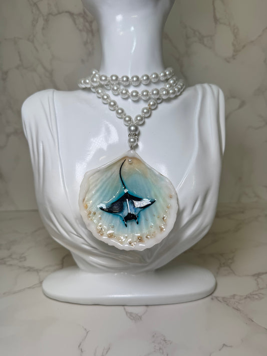 Pearl Handmade Manta Ray Necklace Encapsulated in Real Shell with UV Resin on Pearl Strand
