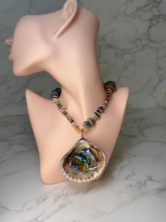 Dolphin Duo Playing Big Reef Shell Necklace - Encapsulated in Real Shell with UV Resin