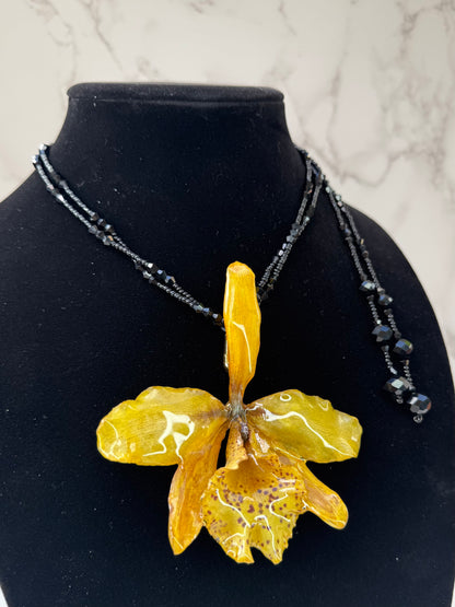 Crimson Spotted Golden Cattleya Mini Yellow Cattleya Orchid Necklace – Long Black Crystal Double Wrap Necklace