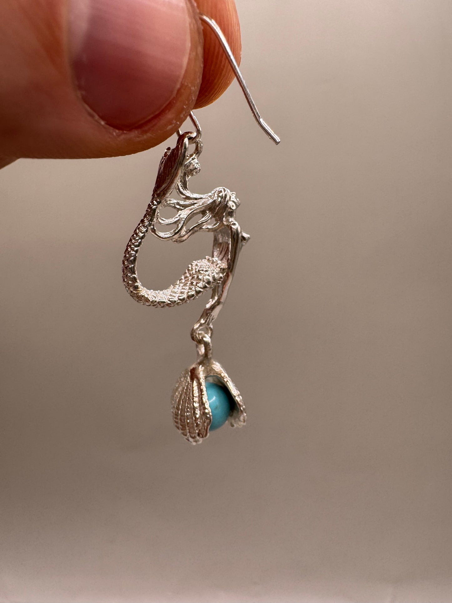 Mermaid Dangle Earrings with Pearl in the Shell for Women, Handcrafted in 925 Sterling Silver, Made in USA