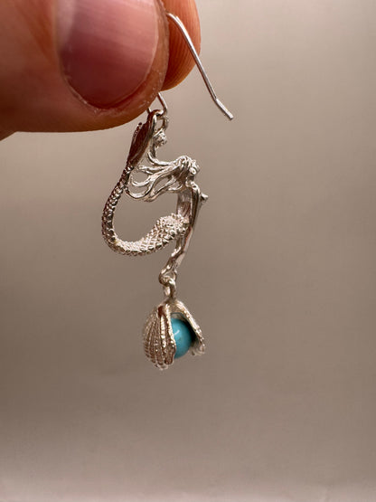 Mermaid Dangle Earrings with Pearl in the Shell for Women, Handcrafted in 925 Sterling Silver, Made in USA
