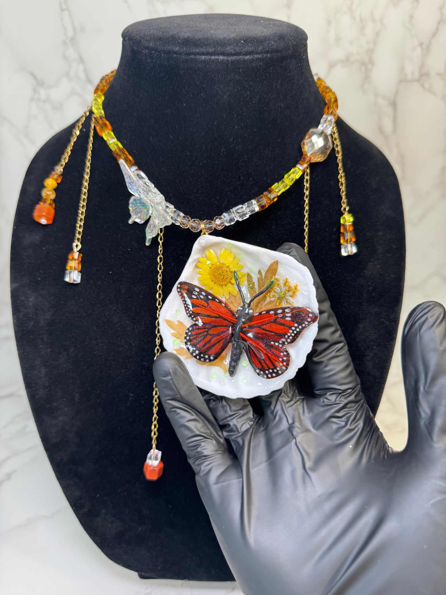 Endless Sky Natural Seashell Butterfly Necklace | Handmade Coastal Jewelry | UV Resin Ocean Art
