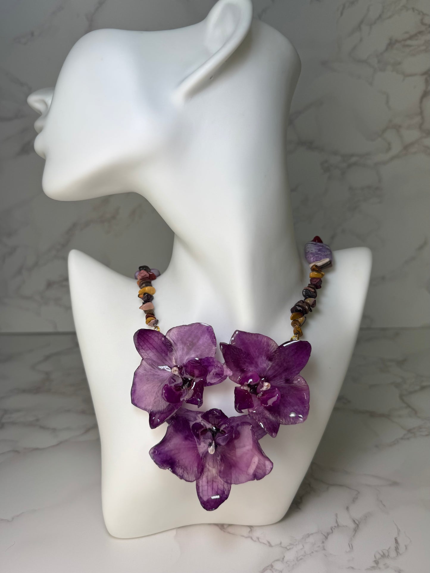 Triple Dark Purple Orchids Necklace - Real Orchid Necklace – Natural Flower Preserved in Resin
