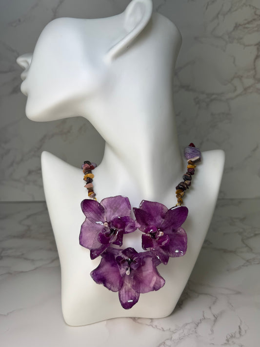 Triple Dark Purple Orchids Necklace - Real Orchid Necklace – Natural Flower Preserved in Resin