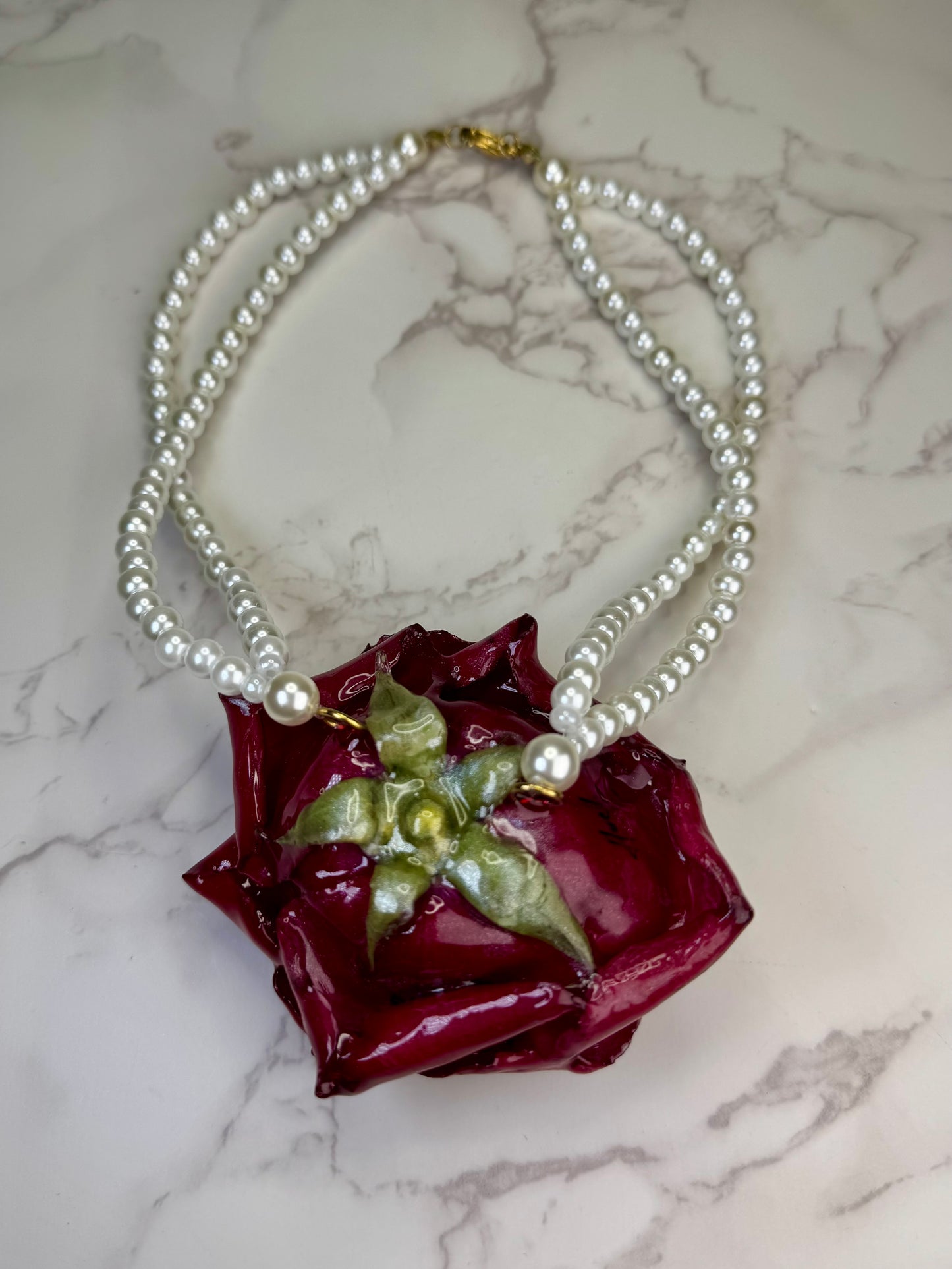 Rose Handmade Real Red Rose Necklace | Preserved Flower Jewelry with Crystal Pearl Beads | Made in USA