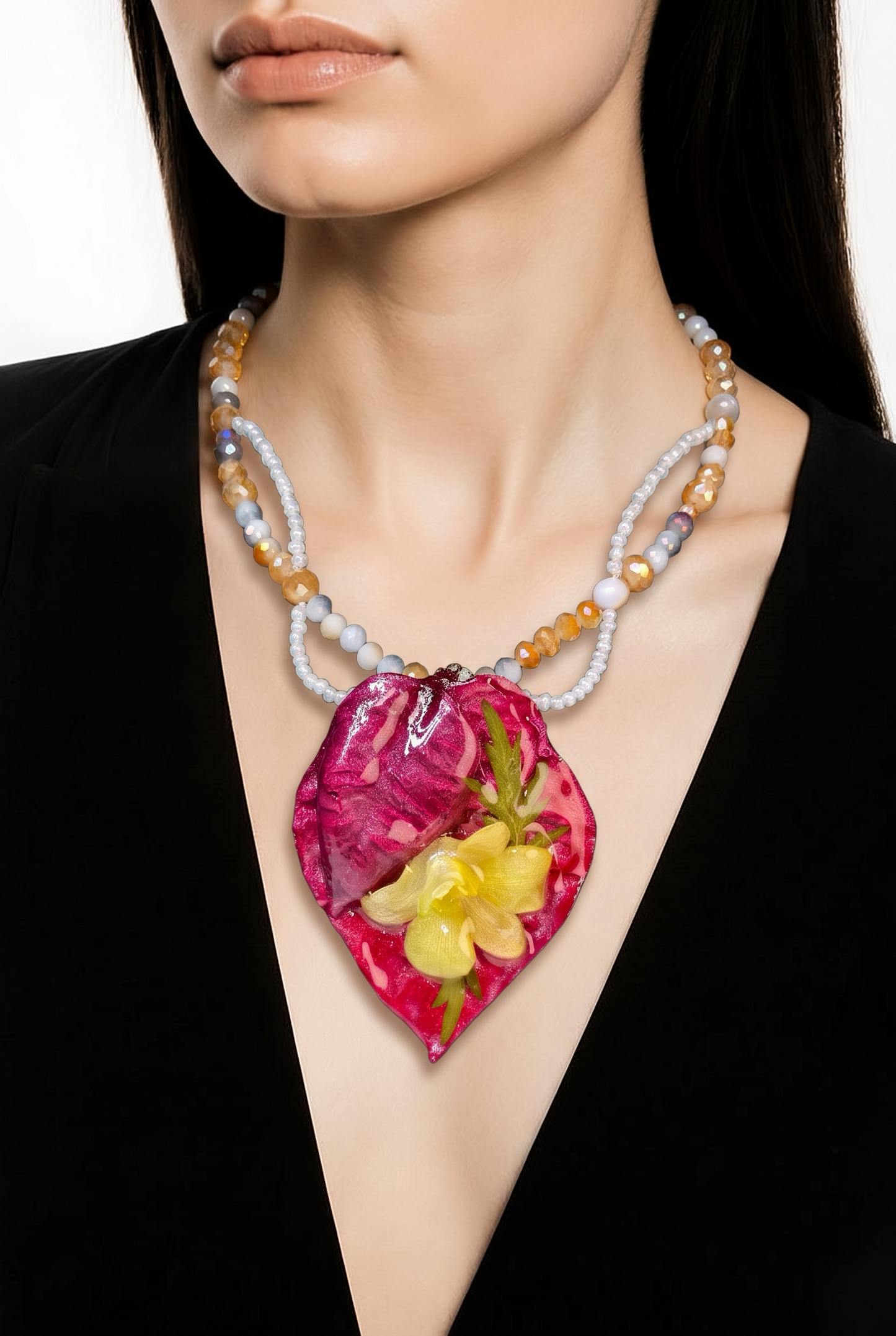 Alba Real Preserved Orchids & Plumeria Necklace| Handmade Botanical Jewelry | Floral Art