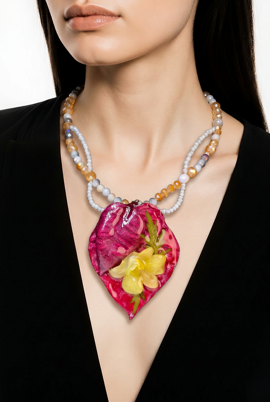 Alba Real Preserved Orchids & Plumeria Necklace| Handmade Botanical Jewelry | Floral Art
