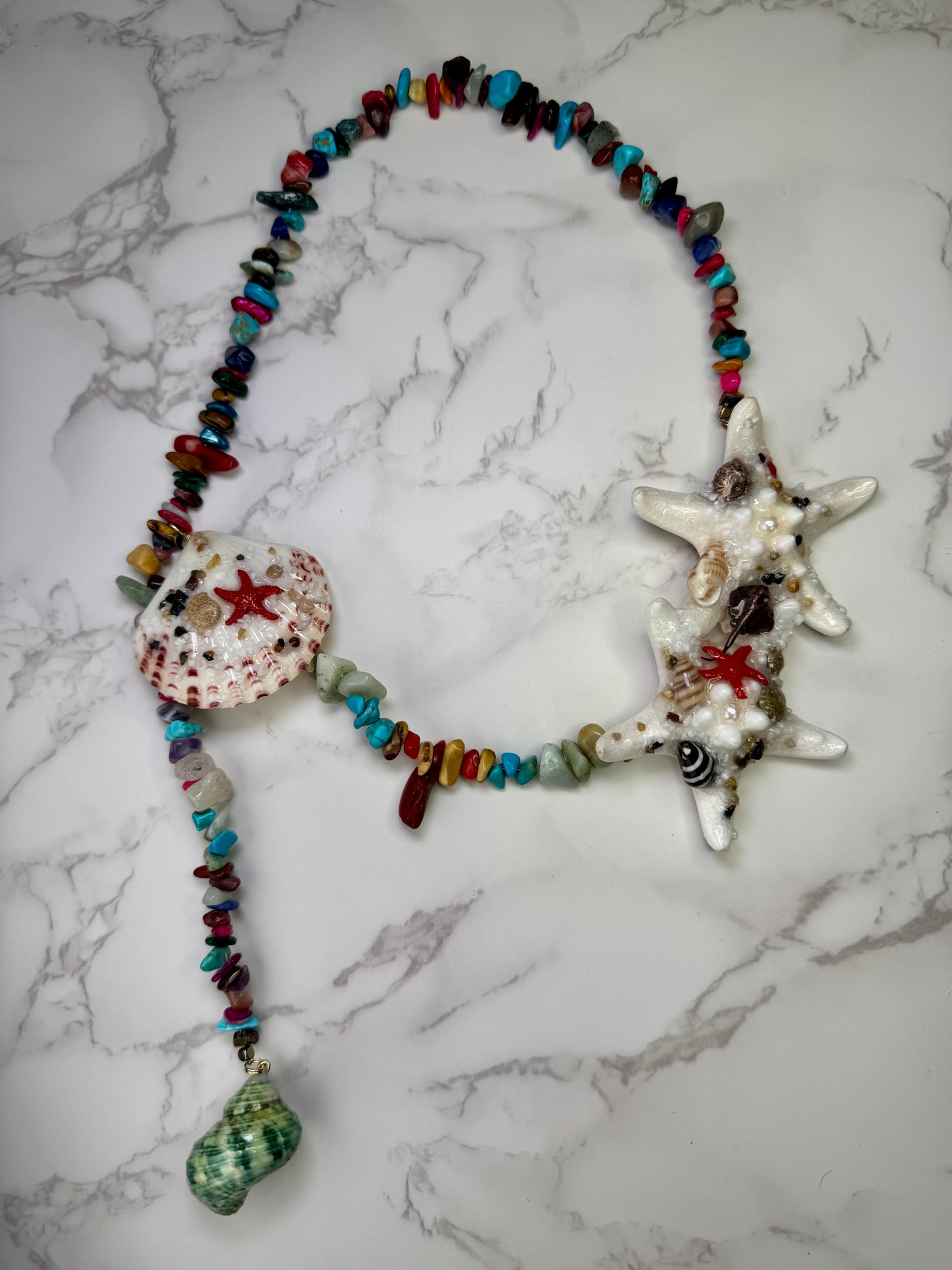 White Starfish, Seashell & Rock Crystal Necklace