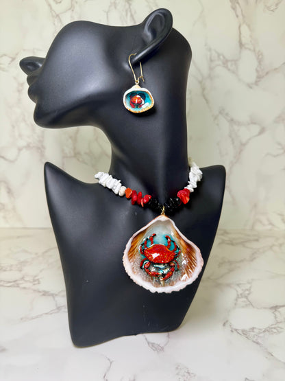 Set Crab Handmade Red Crab Necklace Encapsulated in Real Shell with UV Resin on Natural Stone Beads