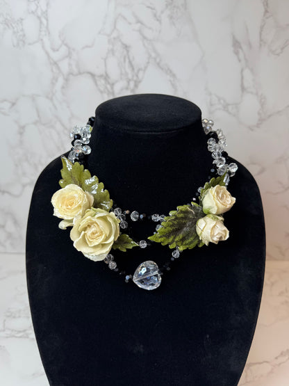 Angela Eternal Rose – Real White Roses in UV Resin & Clear And Black Crystal Necklace | Handmade Floral Jewelry | Made in USA