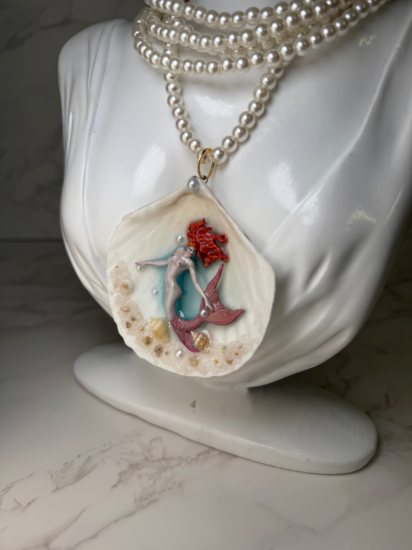 Autumn Blush Tail Mermaid Sea Shell Necklace – Mermaid in Shell with UV Resin