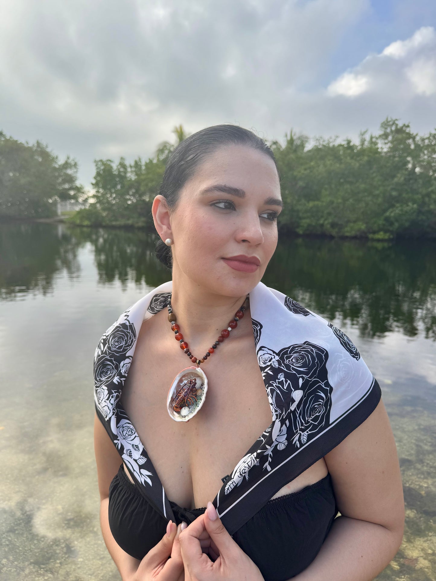 LIMITED EDITION Scarlet Shore Vibrant red abalone seashell featuring a metal handmade craft realistic lobster, tiny natural shells, and a red crystal pendant encapsulated in clear UV resin