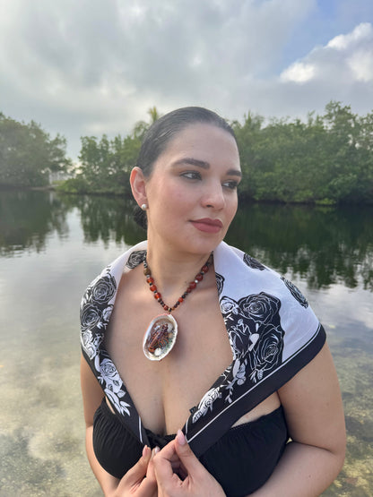 LIMITED EDITION Scarlet Shore Vibrant red abalone seashell featuring a metal handmade craft realistic lobster, tiny natural shells, and a red crystal pendant encapsulated in clear UV resin