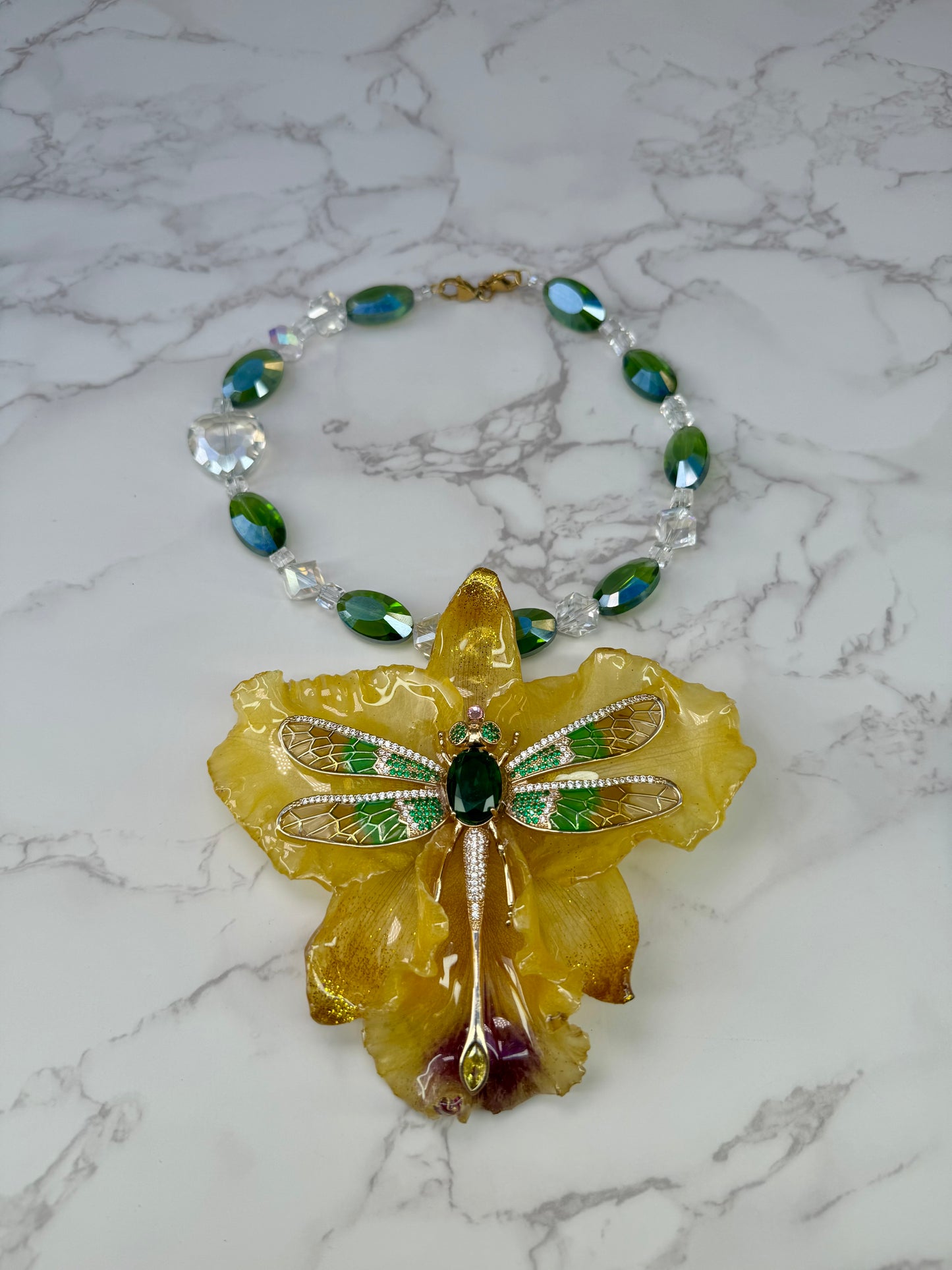 Golden Dragonfly Cataleya Yellow Cattleya Orchid with Dragonfly – Green & Clear Crystal Necklace | Handmade Floral Jewelry