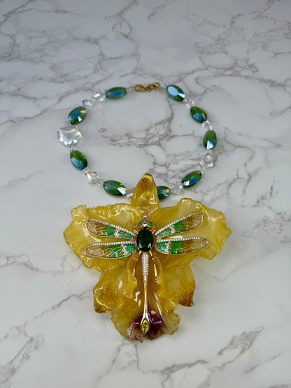 Golden Dragonfly Cataleya Yellow Cattleya Orchid with Dragonfly – Green & Clear Crystal Necklace | Handmade Floral Jewelry