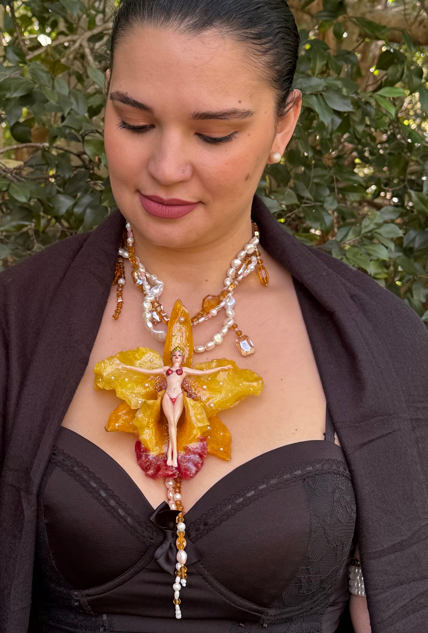 Seraphine – LIMITED EDITION – NYFW EXHIBITION PIECE Handmade Real Yellow Cattleya Orchid Necklace with Hand-Carved Female Figure, Amber Crystals and Mother-of-Pearl Beads Necklace