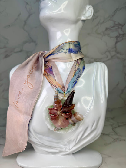 Mini Cattleya Orchid & Green Swirling Shells Necklace