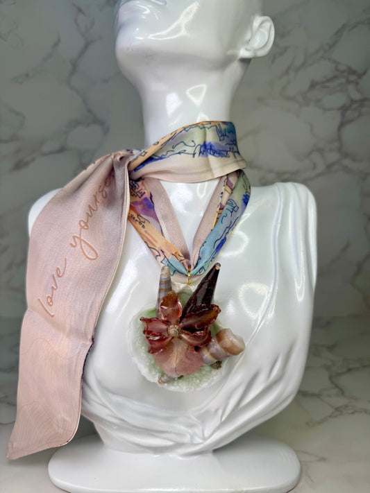Mini Cattleya Orchid & Green Swirling Shells Necklace